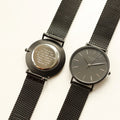 Modern Font Engraving - Men's Minimalist Watch, Pitch Black Mesh Strap