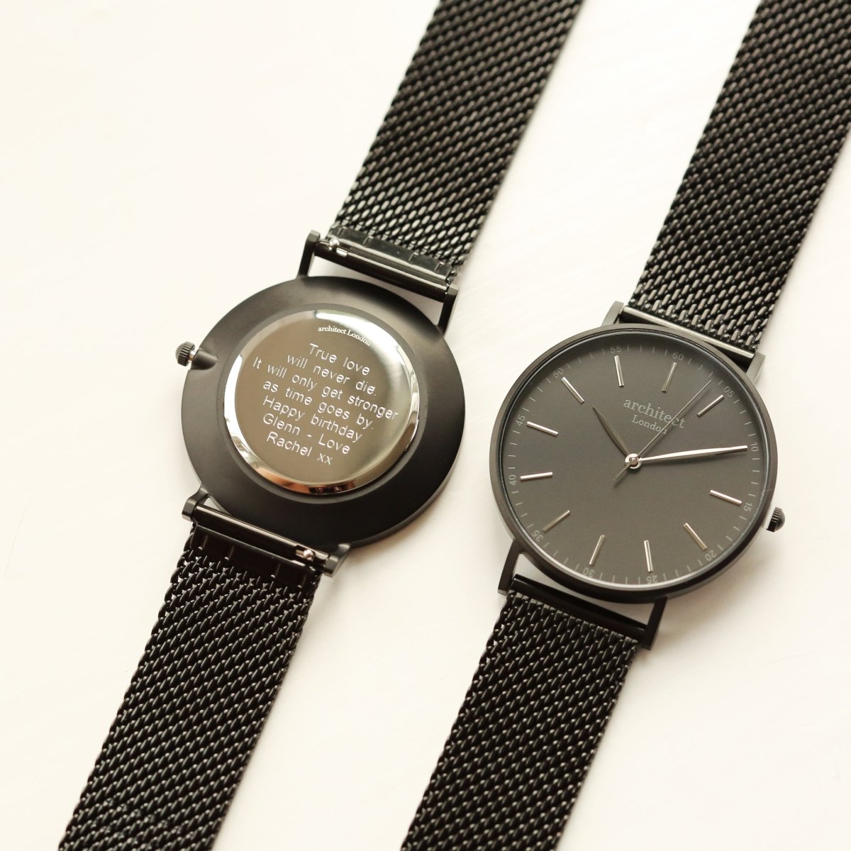 Modern Font Engraving - Men's Minimalist Watch, Pitch Black Mesh Strap