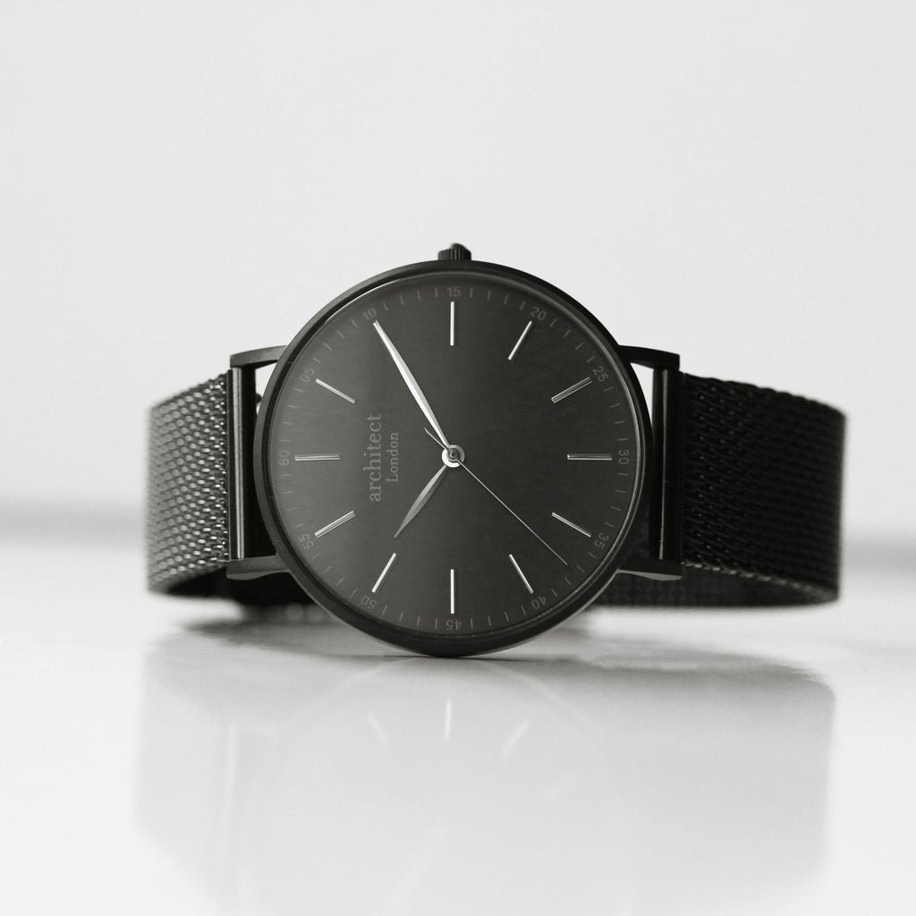 Modern Font Engraving - Men's Minimalist Watch, Pitch Black Mesh Strap