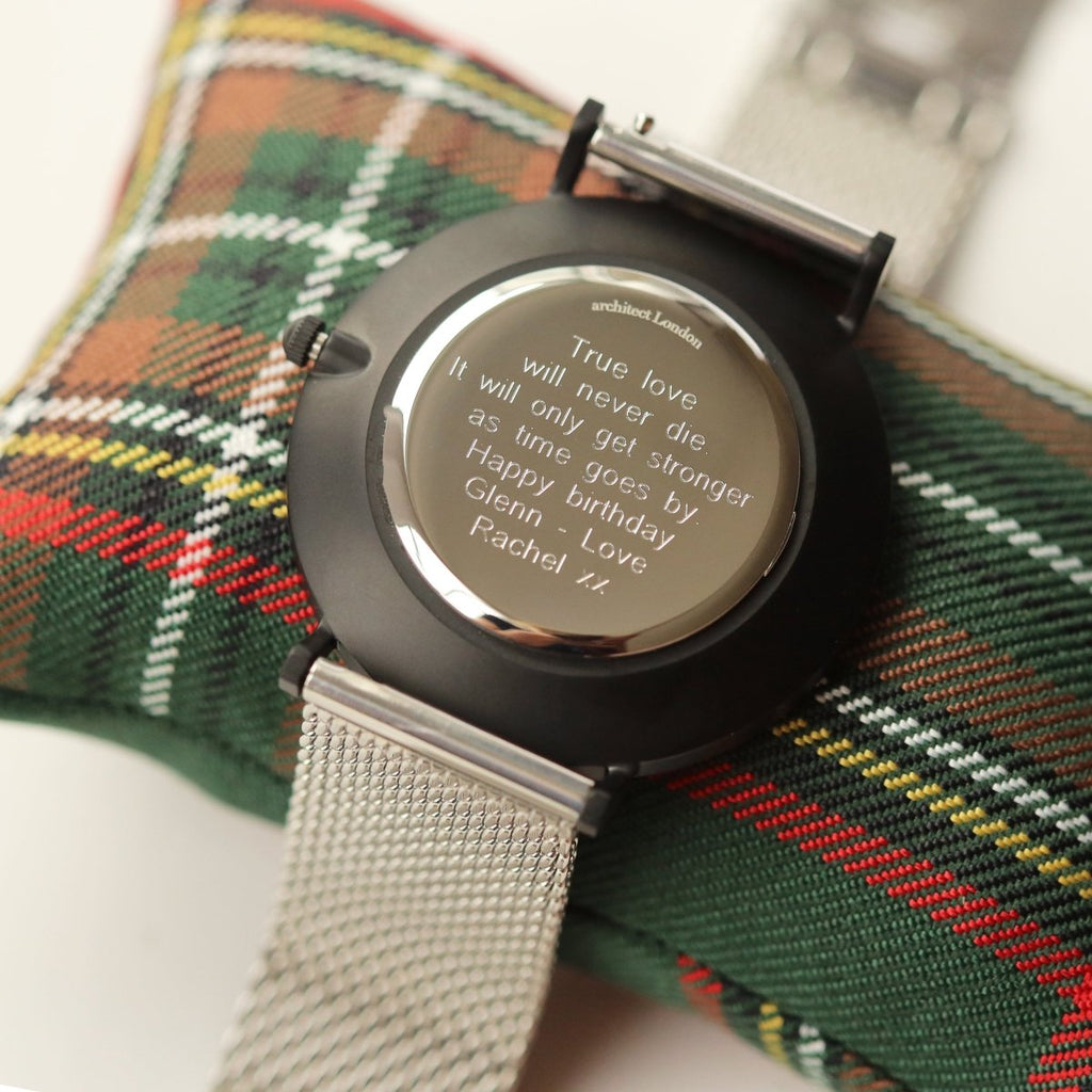 Modern Font Engraving - Men's Minimalist Watch, Steel Silver Mesh Strap