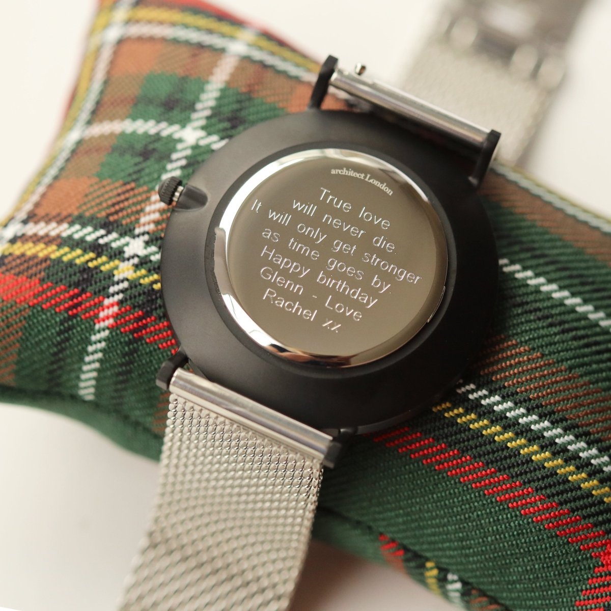 Modern Font Engraving - Men's Minimalist Watch, Steel Silver Mesh Strap