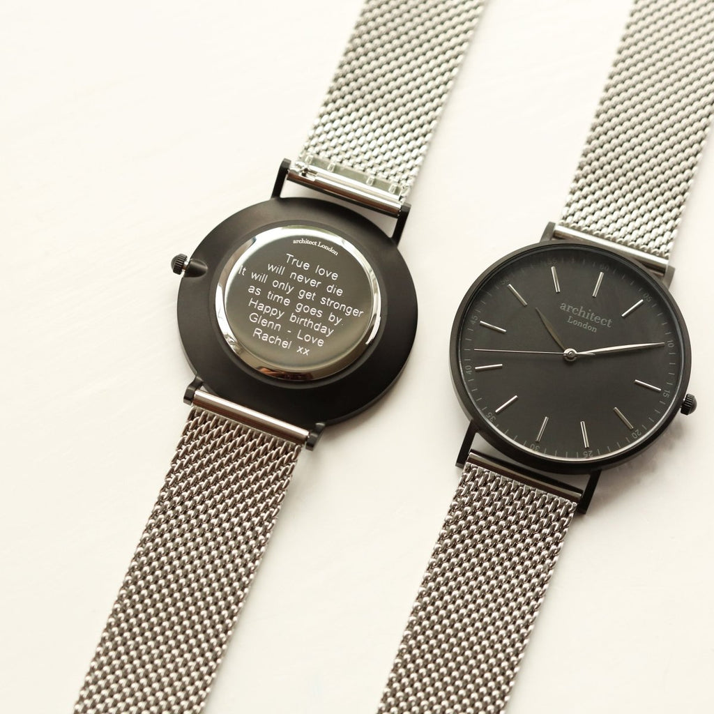 Modern Font Engraving - Men's Minimalist Watch, Steel Silver Mesh Strap