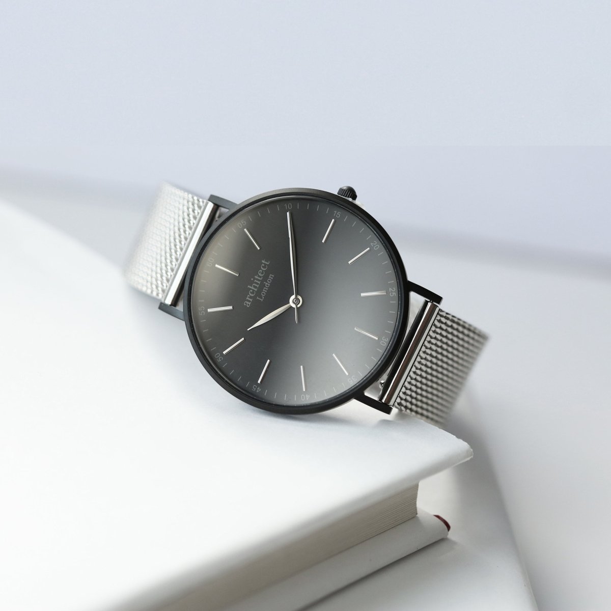 Modern Font Engraving - Men's Minimalist Watch, Steel Silver Mesh Strap