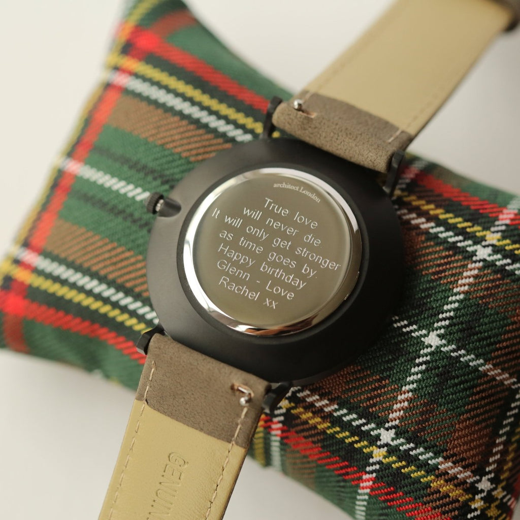 Modern Font Engraving - Men's Minimalist Watch, Urban Grey Strap