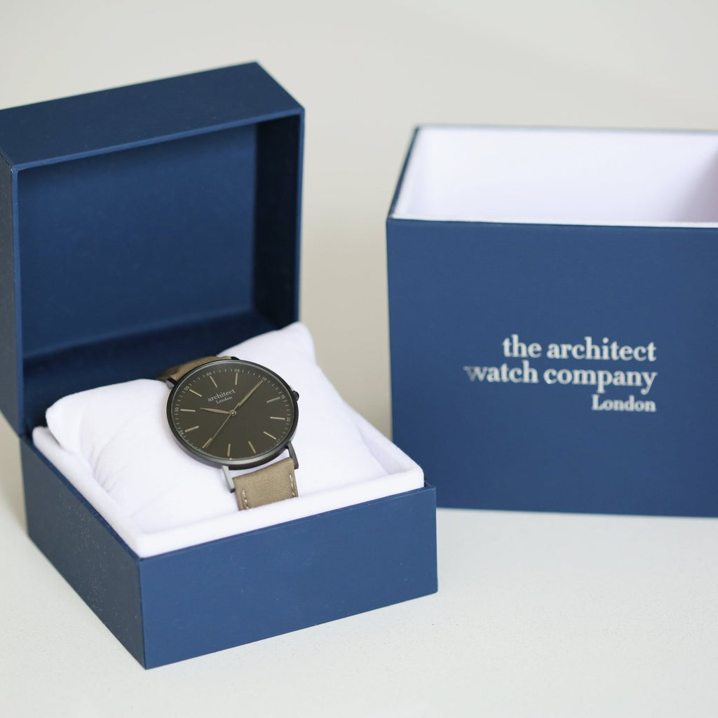 Modern Font Engraving - Men's Minimalist Watch, Urban Grey Strap