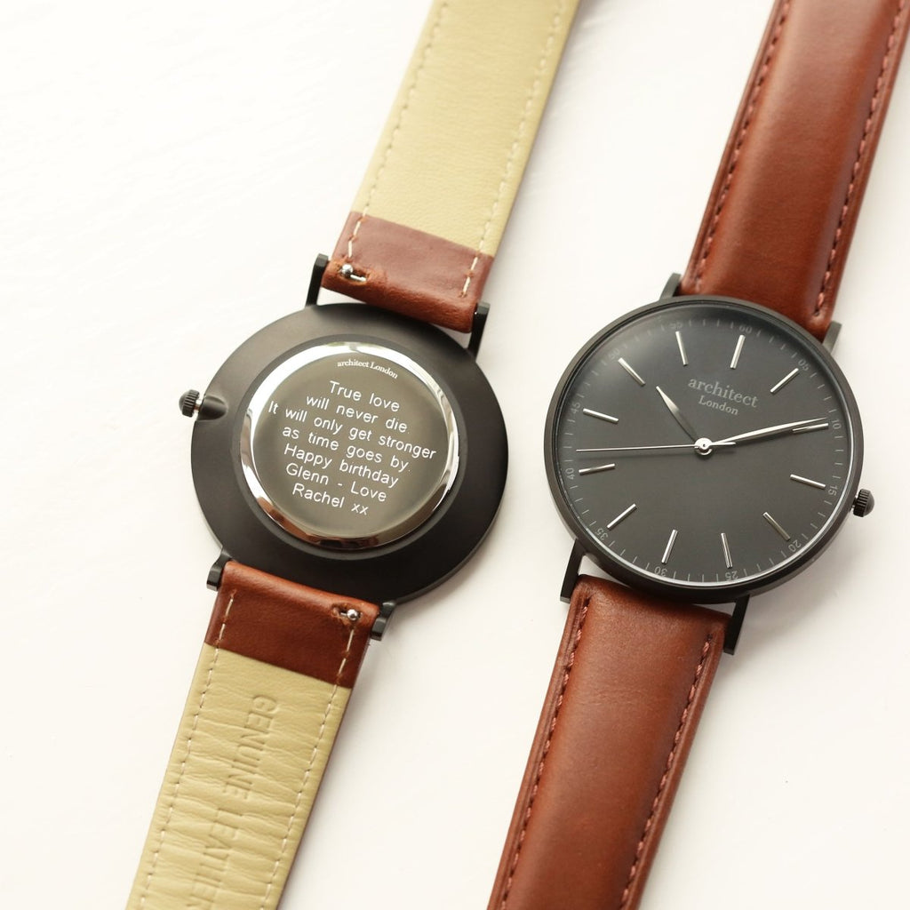 Modern Font Engraving - Men's Minimalist Watch, Walnut Strap