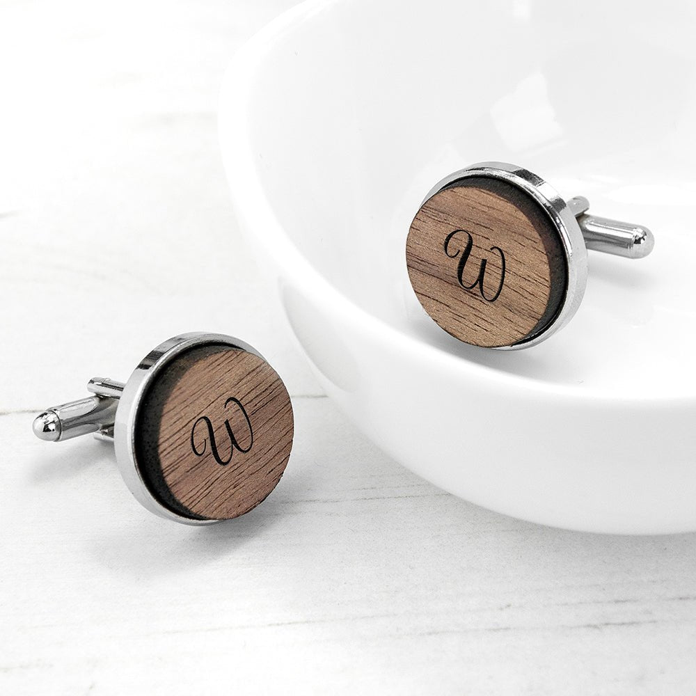 Monogramed Engraved Round Walnut Cufflinks