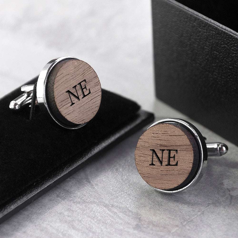Monogramed Engraved Round Walnut Cufflinks
