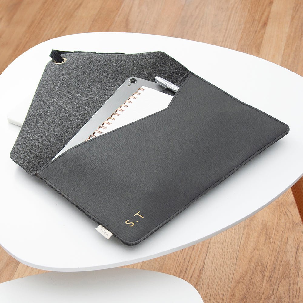 Monogrammed Black Vegan Apple Leather Laptop Sleeve - 13 Inch