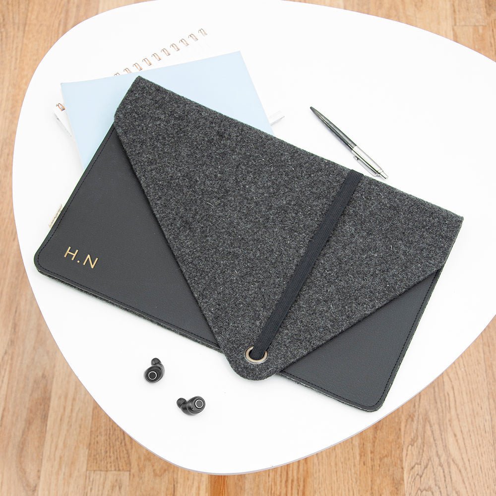 Monogrammed Black Vegan Apple Leather Laptop Sleeve - 15 Inch