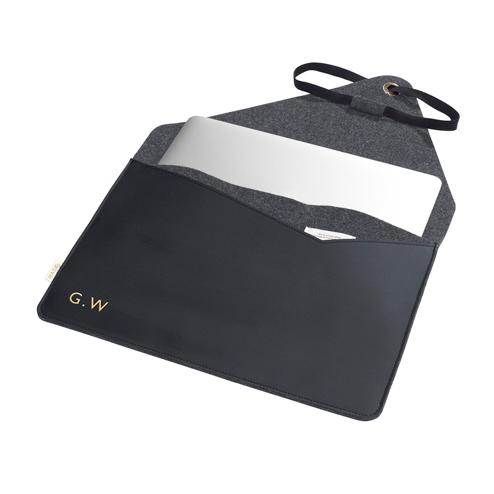 Monogrammed Black Vegan Apple Leather Laptop Sleeve - 15 Inch