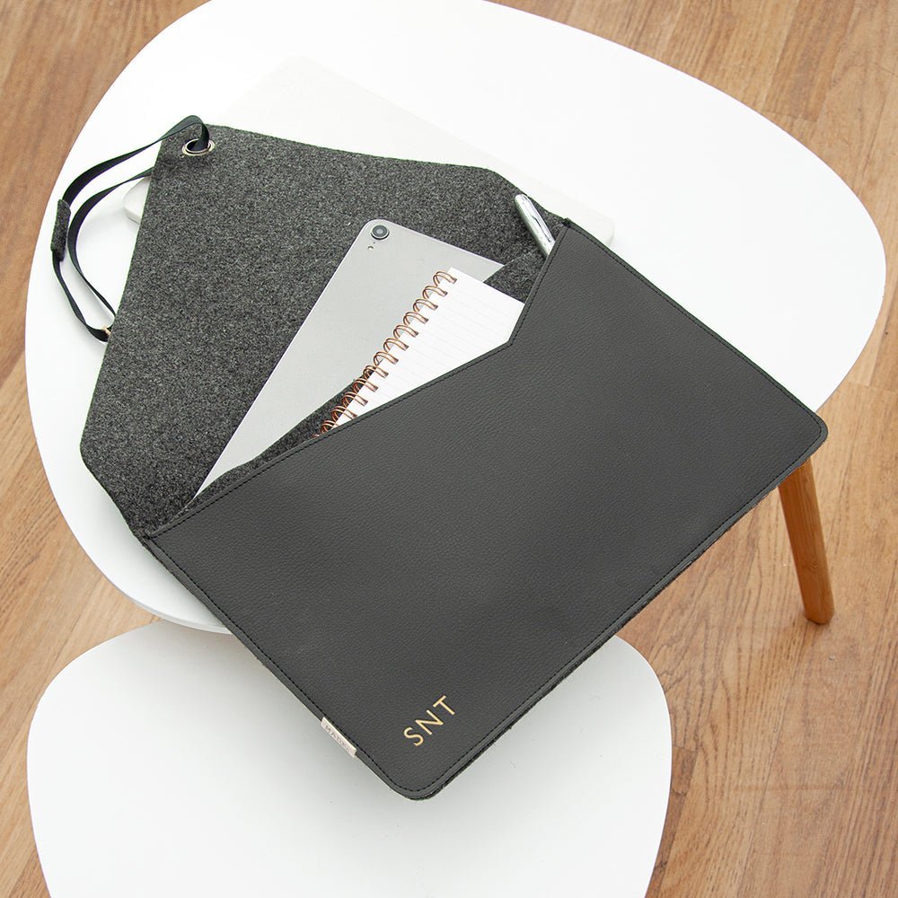 Monogrammed Black Vegan Apple Leather Laptop Sleeve - 15 Inch