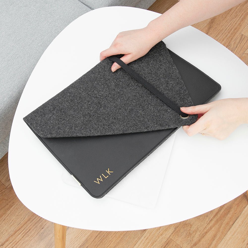 Monogrammed Black Vegan Apple Leather Laptop Sleeve - 15 Inch