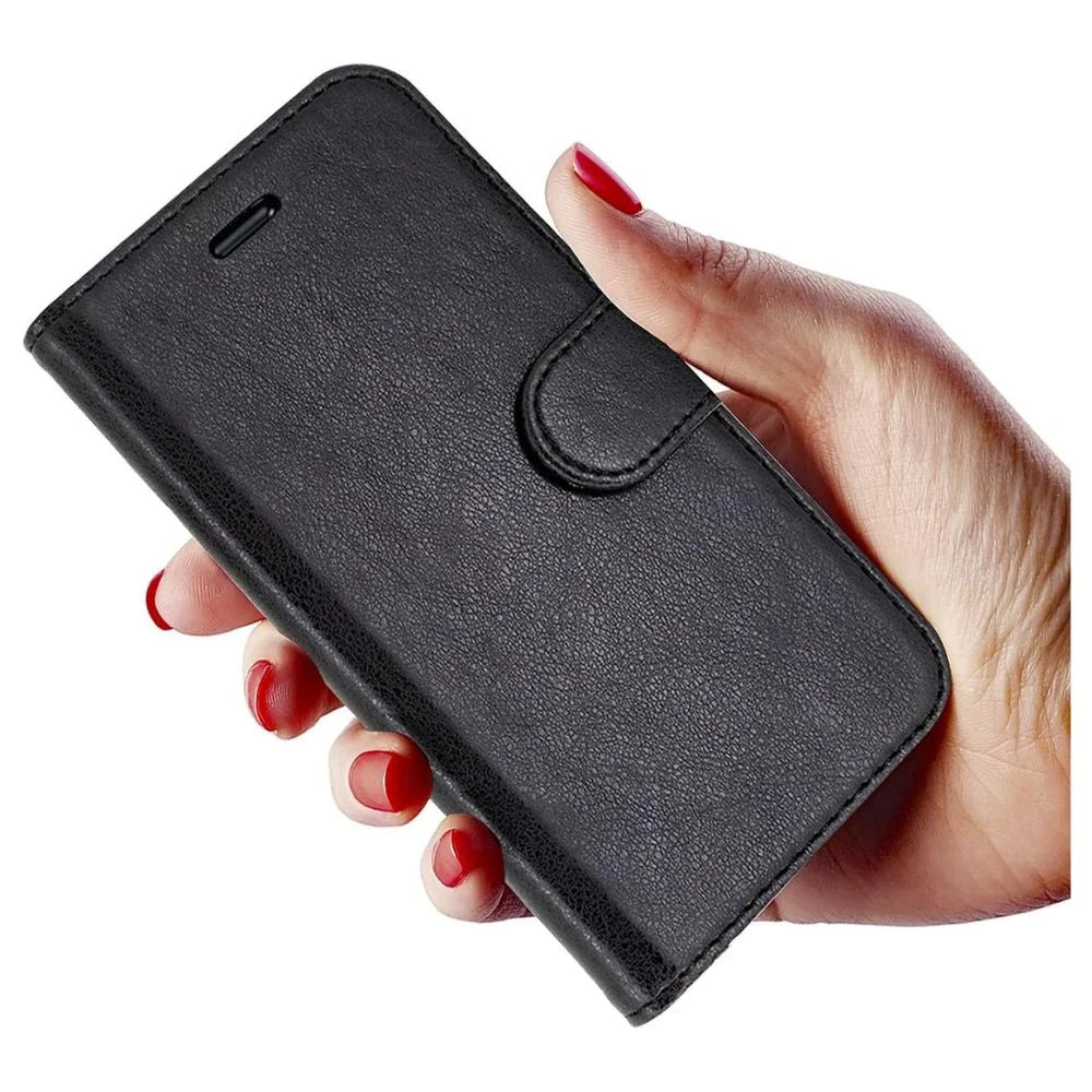 Moto G7 Play Book Flip Case Black Leather Wallet with Magnetic Closure