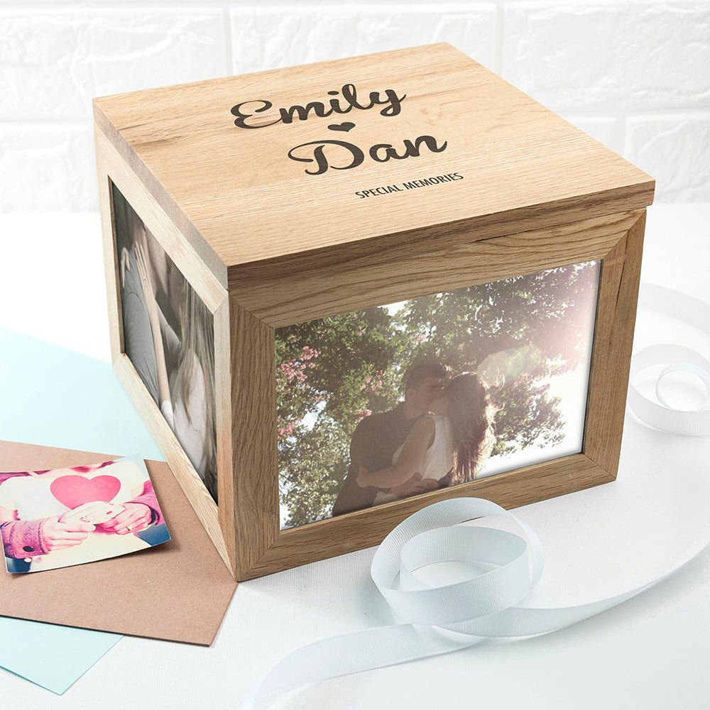 Oak Photo Keepsake Box Couple Name And Heart