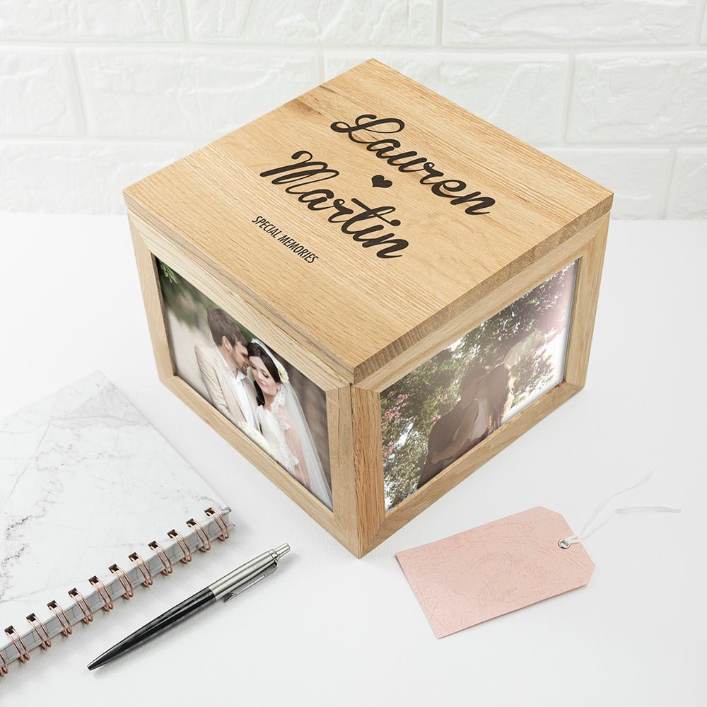 Oak Photo Keepsake Box Couple Name And Heart