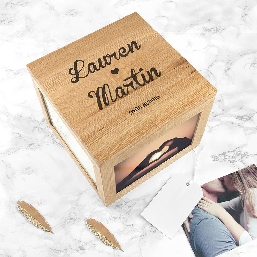 Oak Photo Keepsake Box Couple Name And Heart