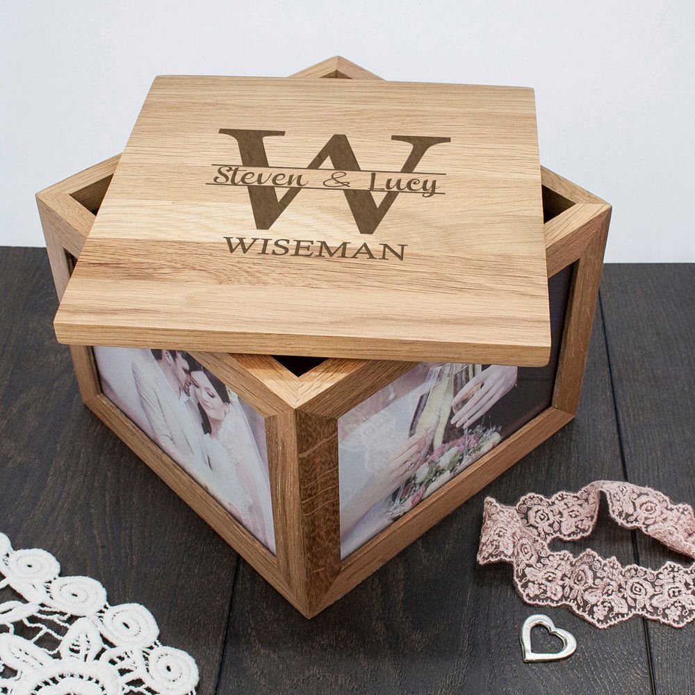 Oak Photo Keepsake Box With Couple Monogram