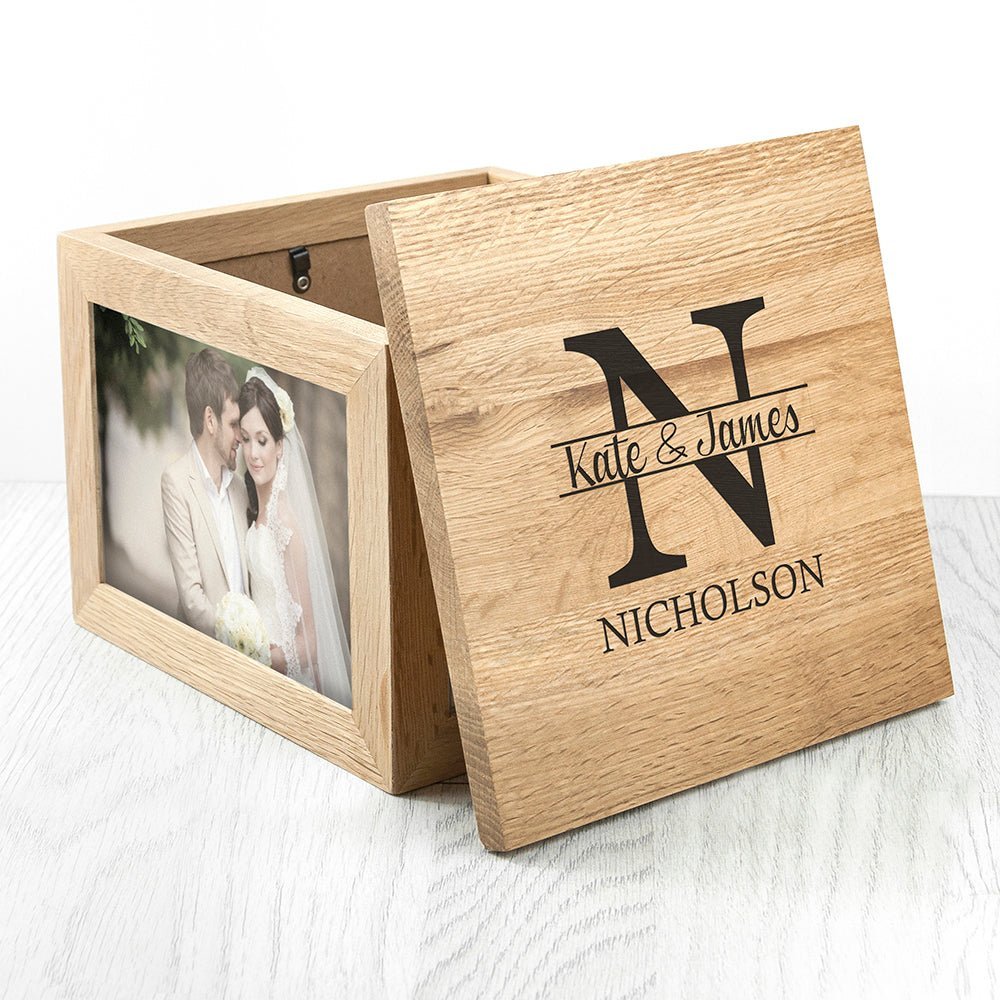 Oak Photo Keepsake Box With Couple Monogram