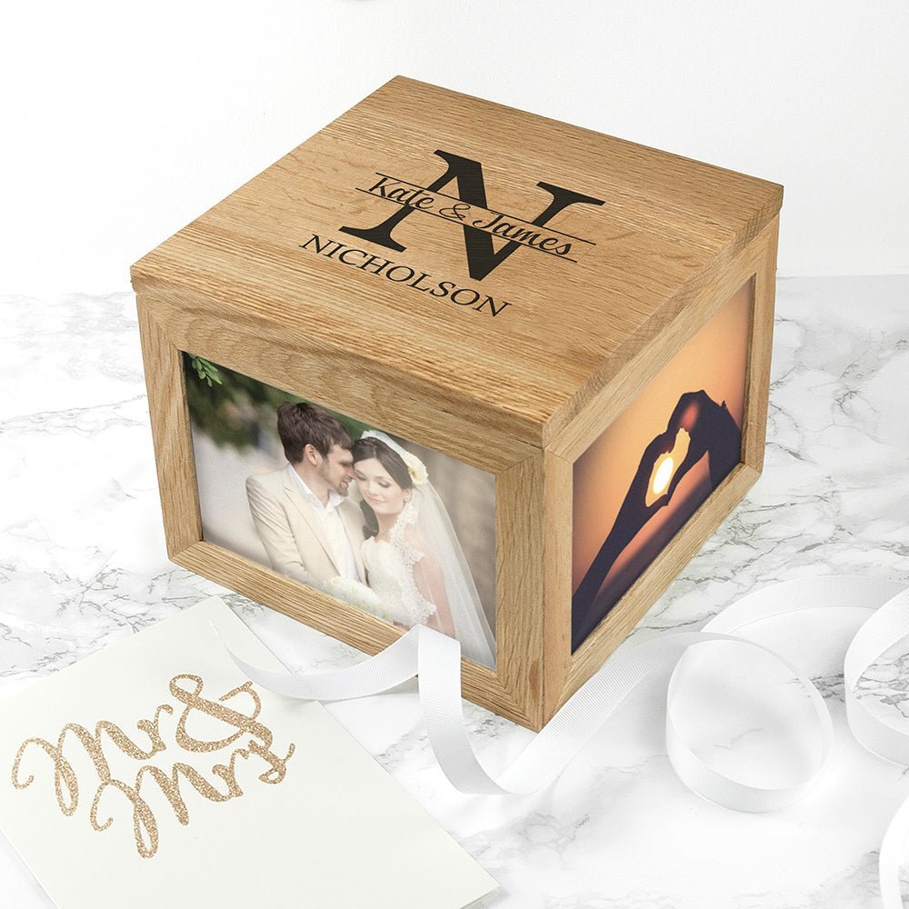 Oak Photo Keepsake Box With Couple Monogram