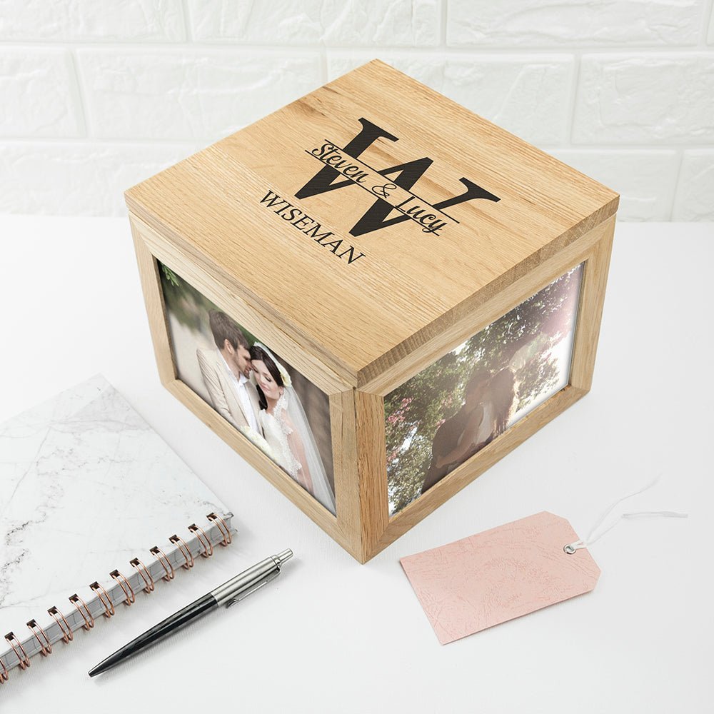 Oak Photo Keepsake Box With Couple Monogram