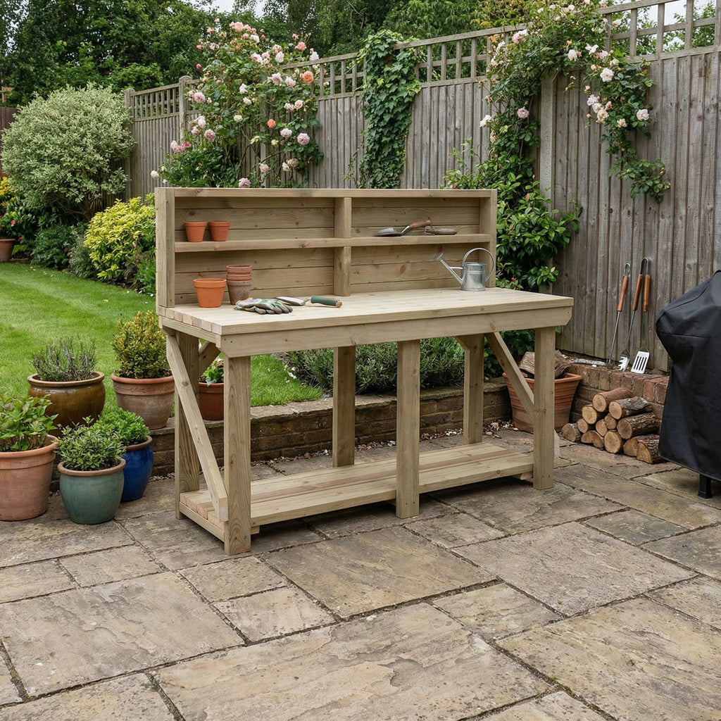 Indoor/outdoor workbench, pressure treated bench with back panel