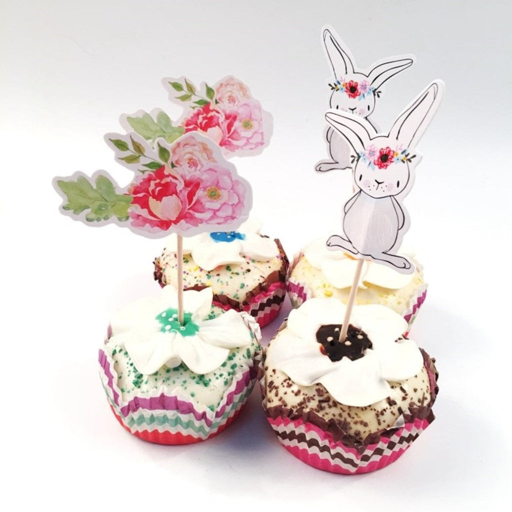 Pack of 12 Floral Rabbit And Flower Cake Toppers