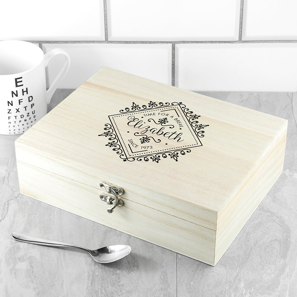 Personalised Time For a Break! Blooming Beautiful Wooden Tea Box