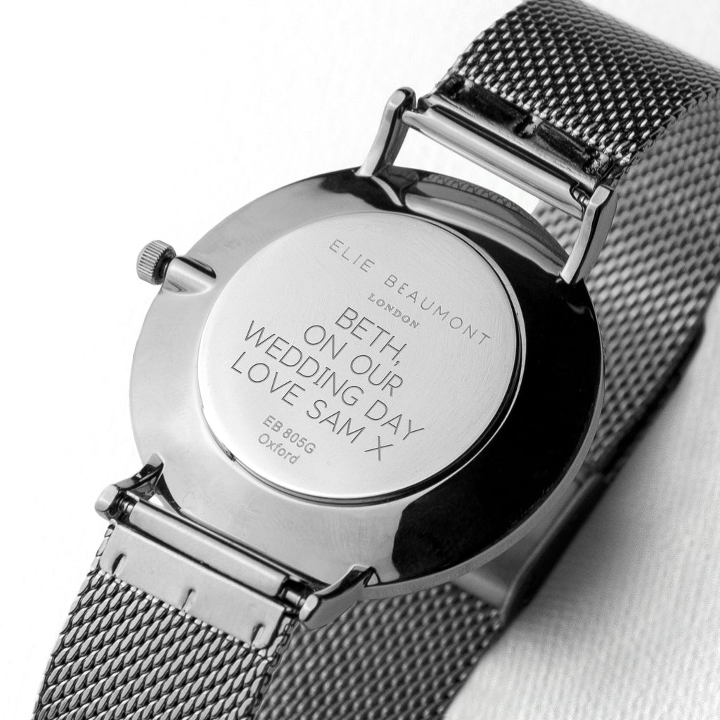 Personalised Metallic Mesh Strapped Watch With White Dial