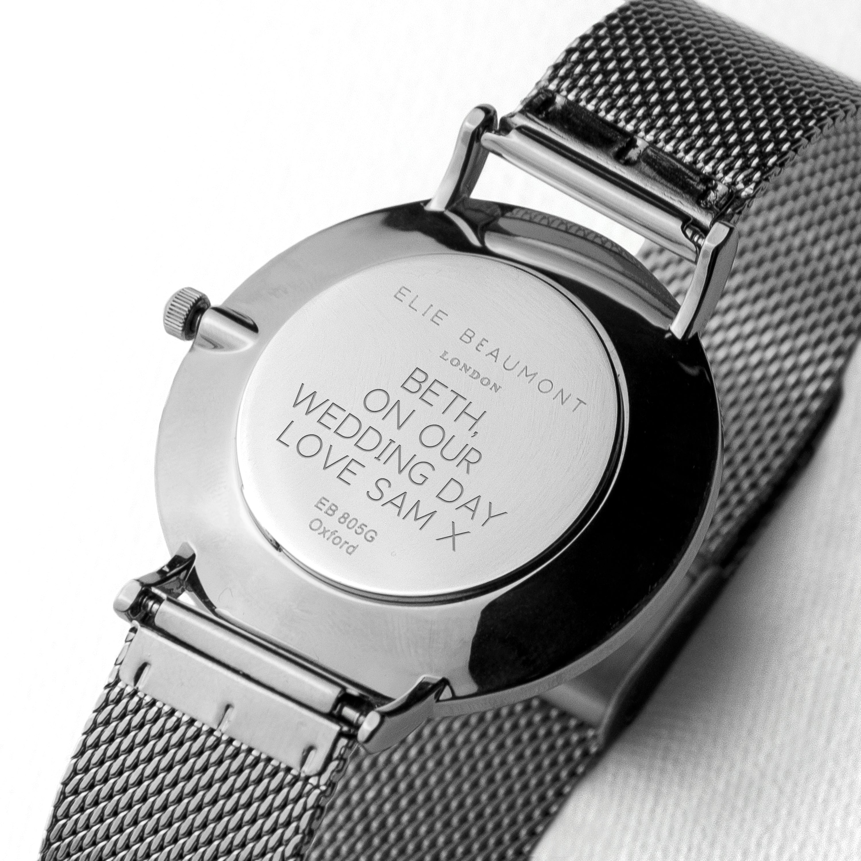Personalised Metallic Mesh Strapped Watch With White Dial