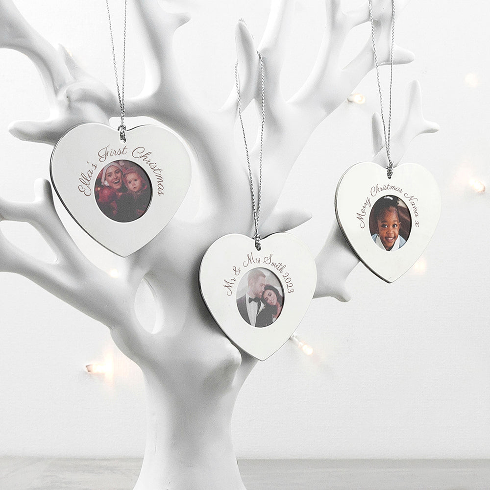Personalised Silver Heart Photo Frame Tree Decoration