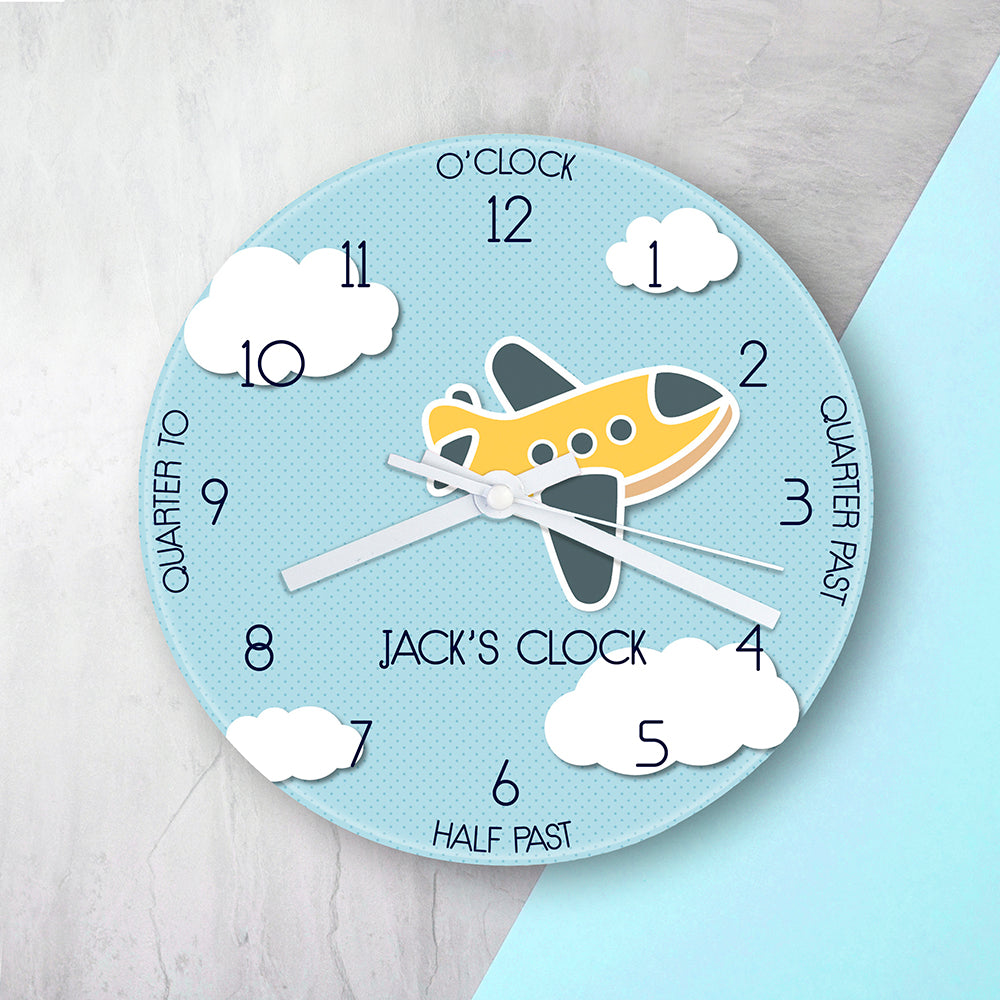 Personalised Personalised Kids Aeroplane Glass Clock - Large