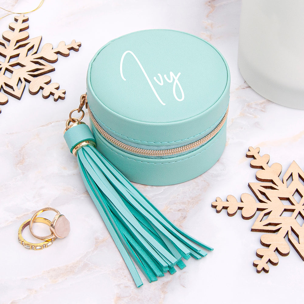 Personalised Treat Republic Turquoise Jewellery Case With Tassel