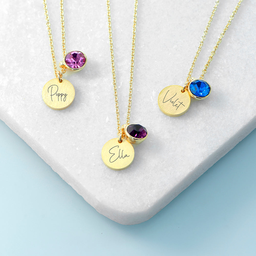 Personalised Gold Birthstone Crystal And Disc Necklace