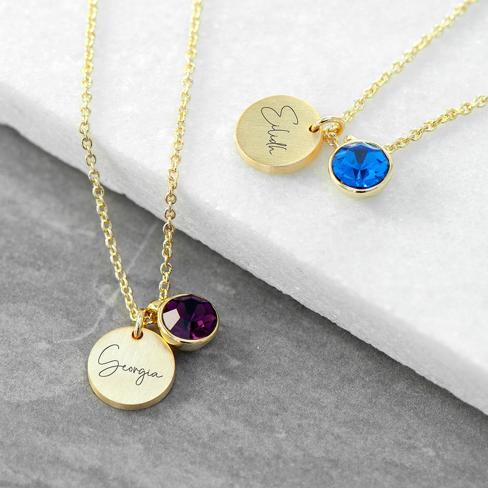 Personalised Gold Birthstone Crystal And Disc Necklace