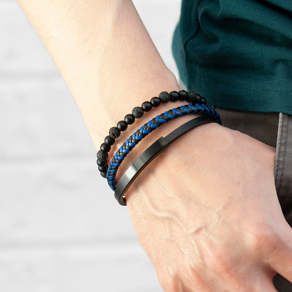 Personalised Men's Black Stone And Blue Cord Bracelet