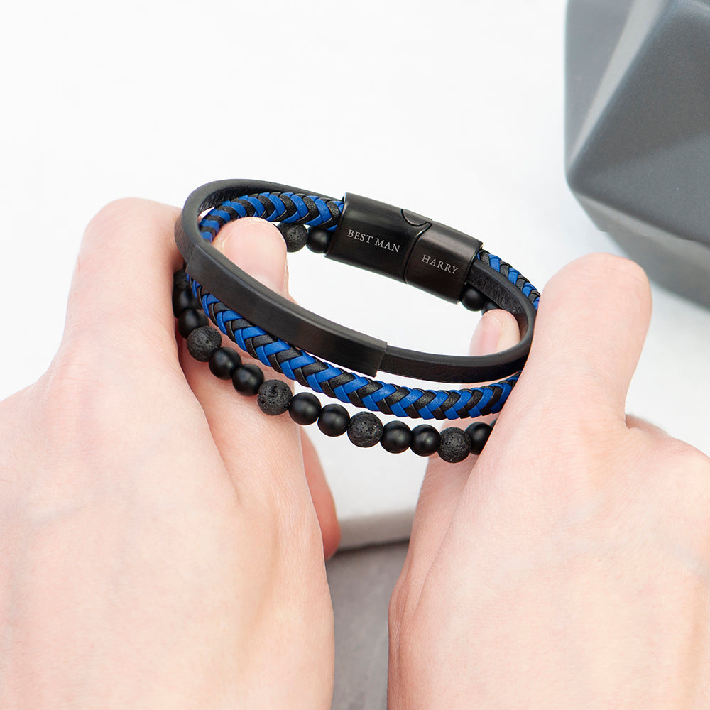 Personalised Men's Black Stone And Blue Cord Bracelet