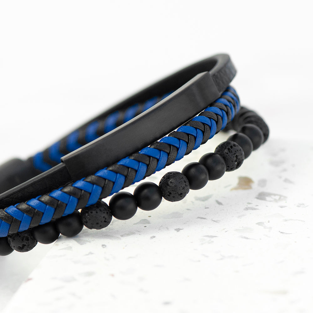 Personalised Men's Black Stone And Blue Cord Bracelet