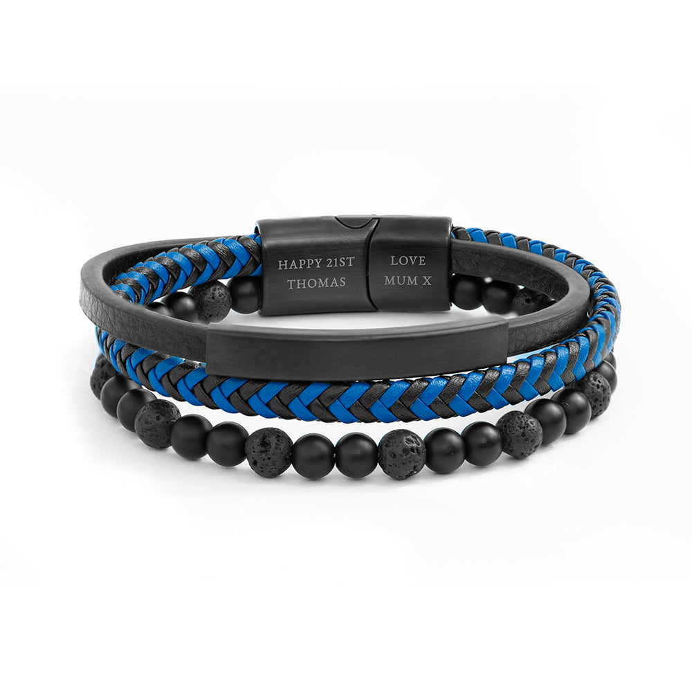 Personalised Men's Black Stone And Blue Cord Bracelet