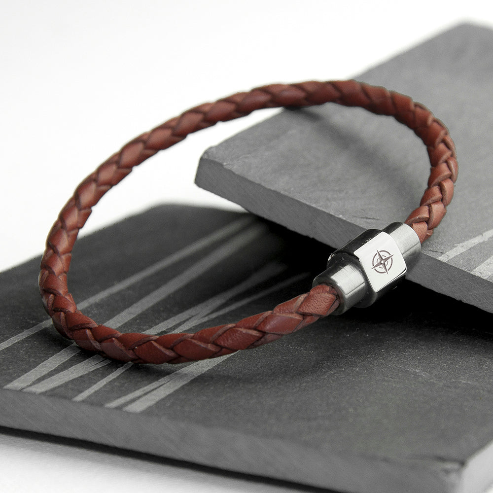 Personalised Personalised Men's Travel Compass Woven Leather Bracelet
