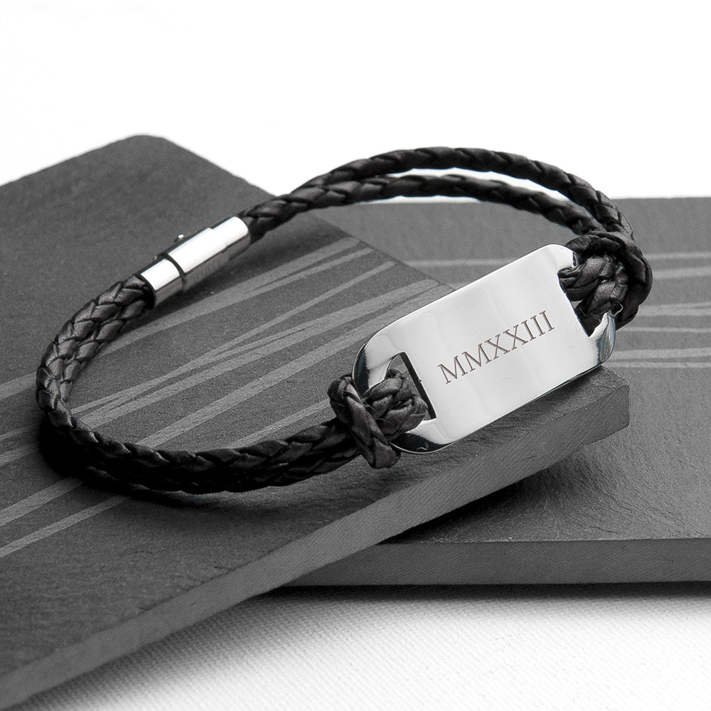 Personalised Personalised Men's Roman Numerals Statement Leather Bracelet
