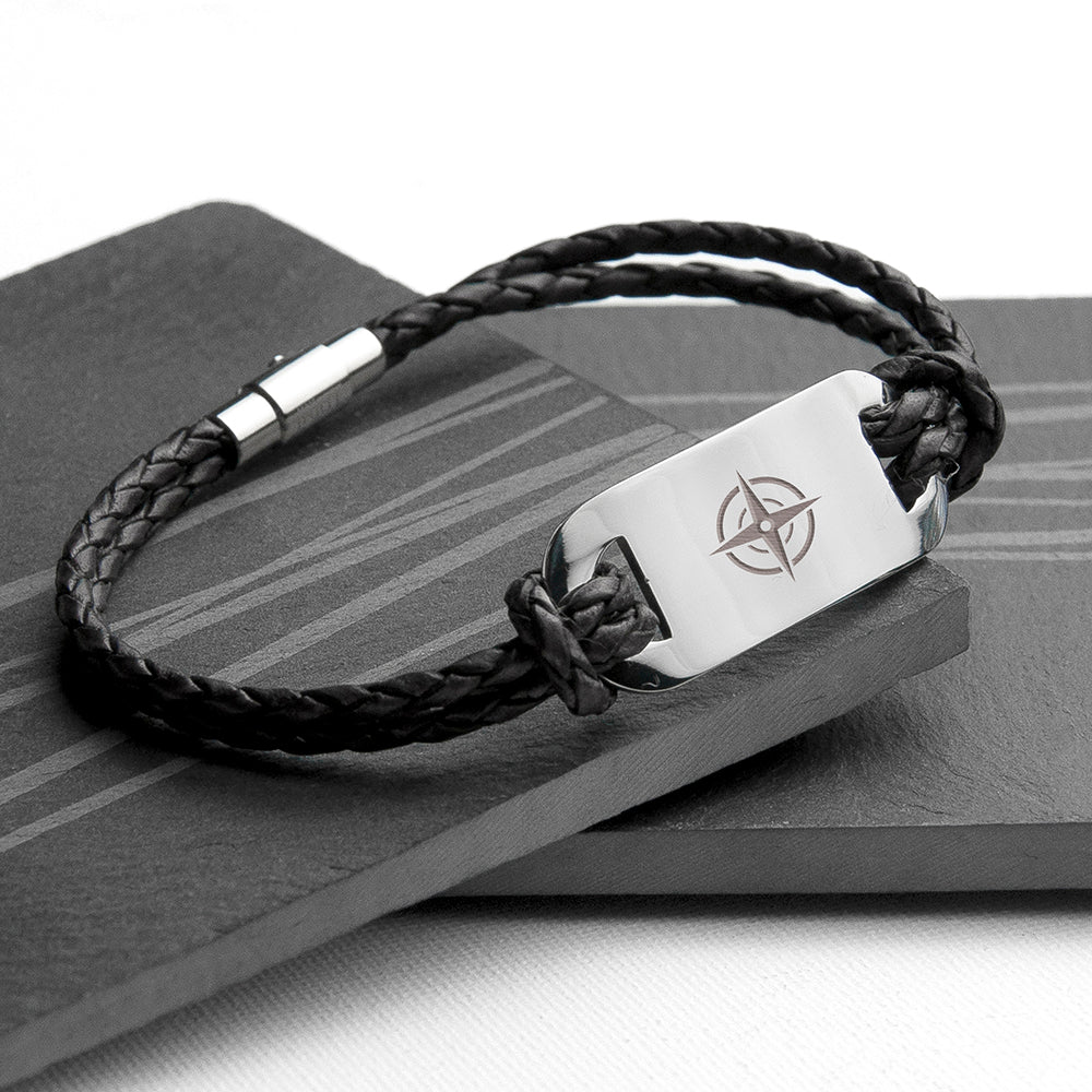 Personalised Personalised Men's Travel Compass Statement Leather Bracelet