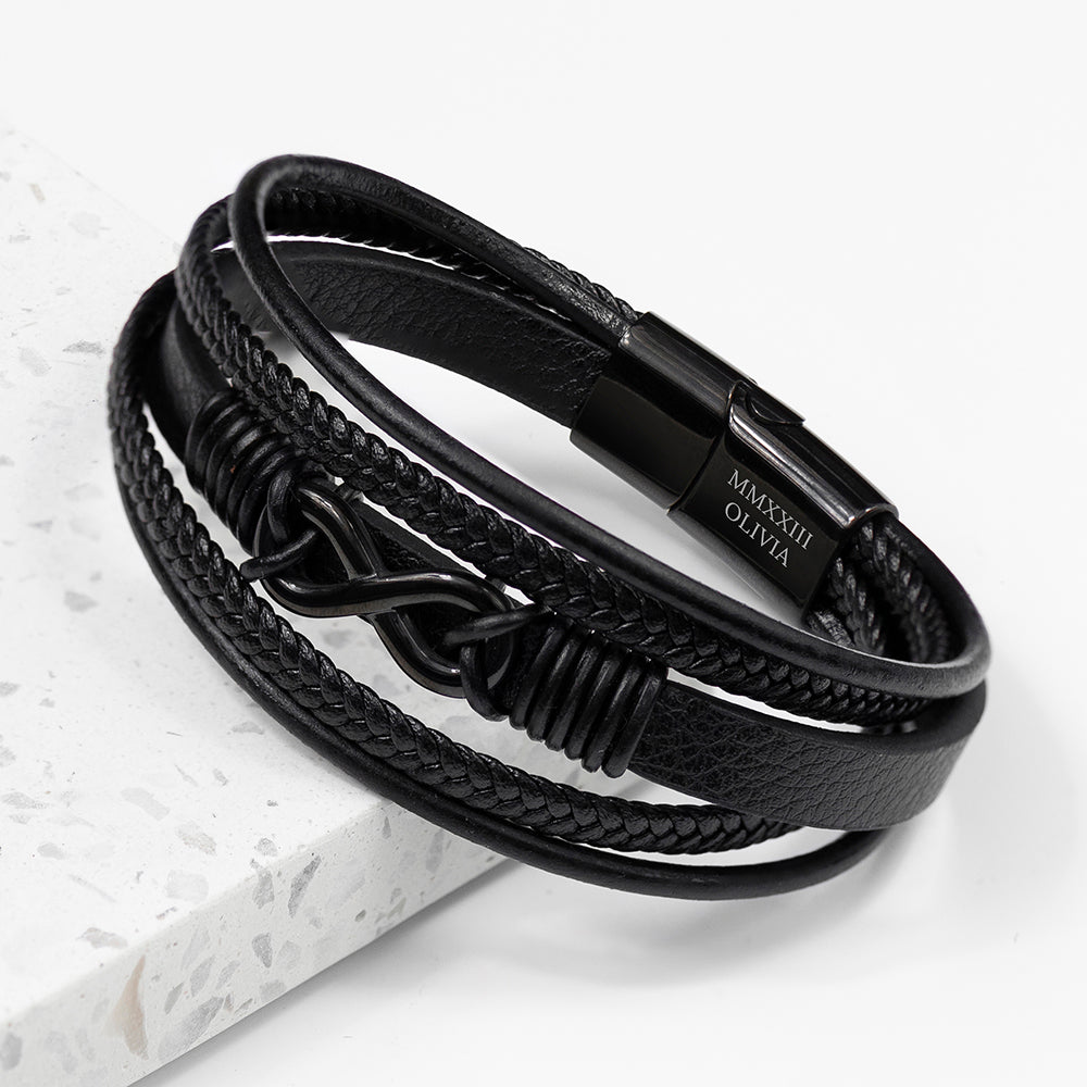 Personalised Personalised Men's Infinity Black Leather Stacked Bracelet