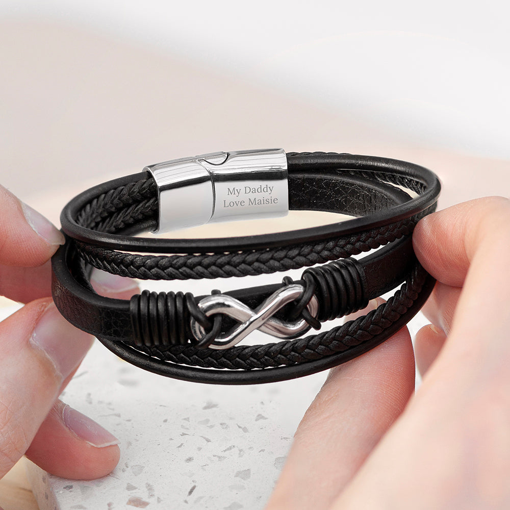 Personalised Personalised Men's Silver Infinity Black Leather Stacked Bracelet