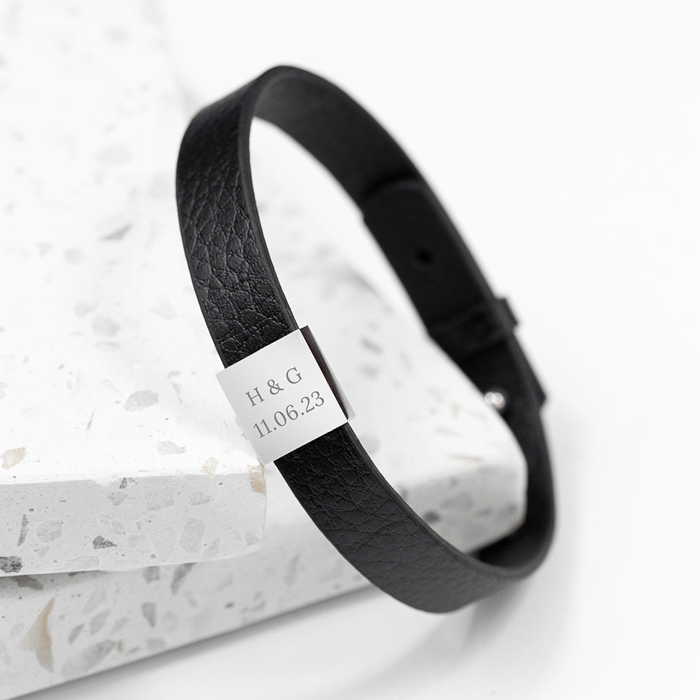 Personalised Personalised Men's Soho Tag Message Black Leather Bracelet