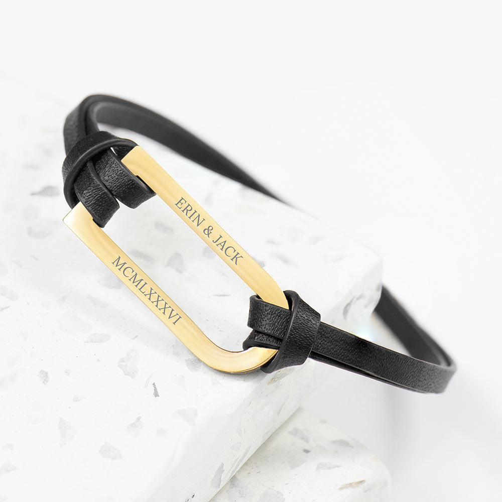 Personalised Personalised Men's Shoreditch Gold Bar Black Leather Bracelet