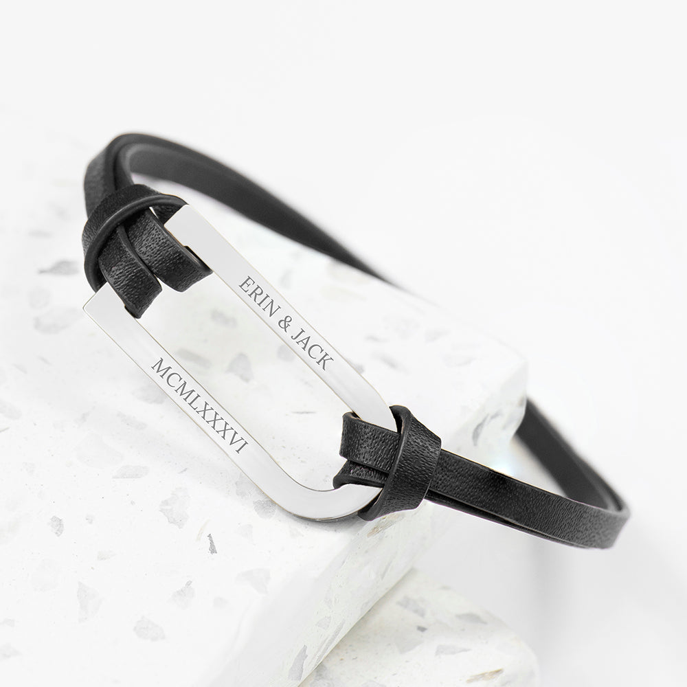 Personalised Personalised Men's Shoreditch Silver Bar Black Leather Bracelet