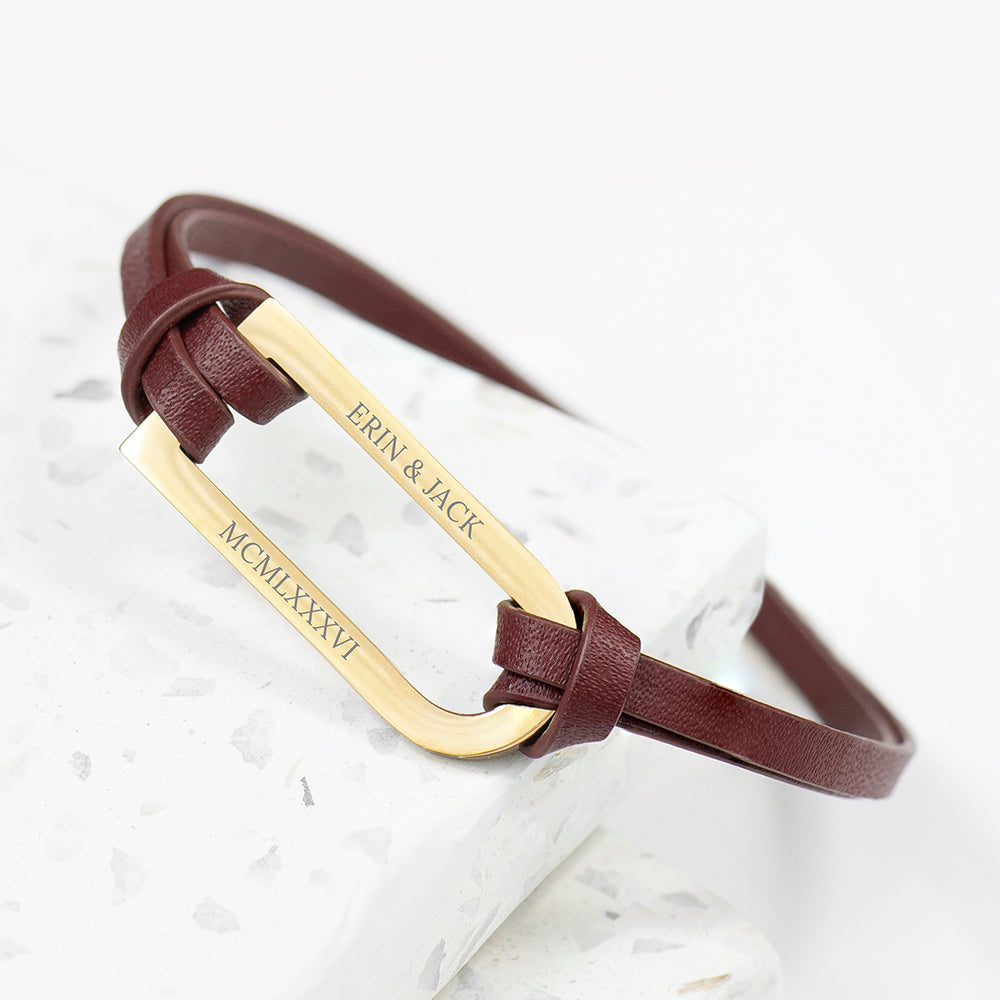 Personalised Personalised Men's Shoreditch Gold Bar Brown Leather Bracelet