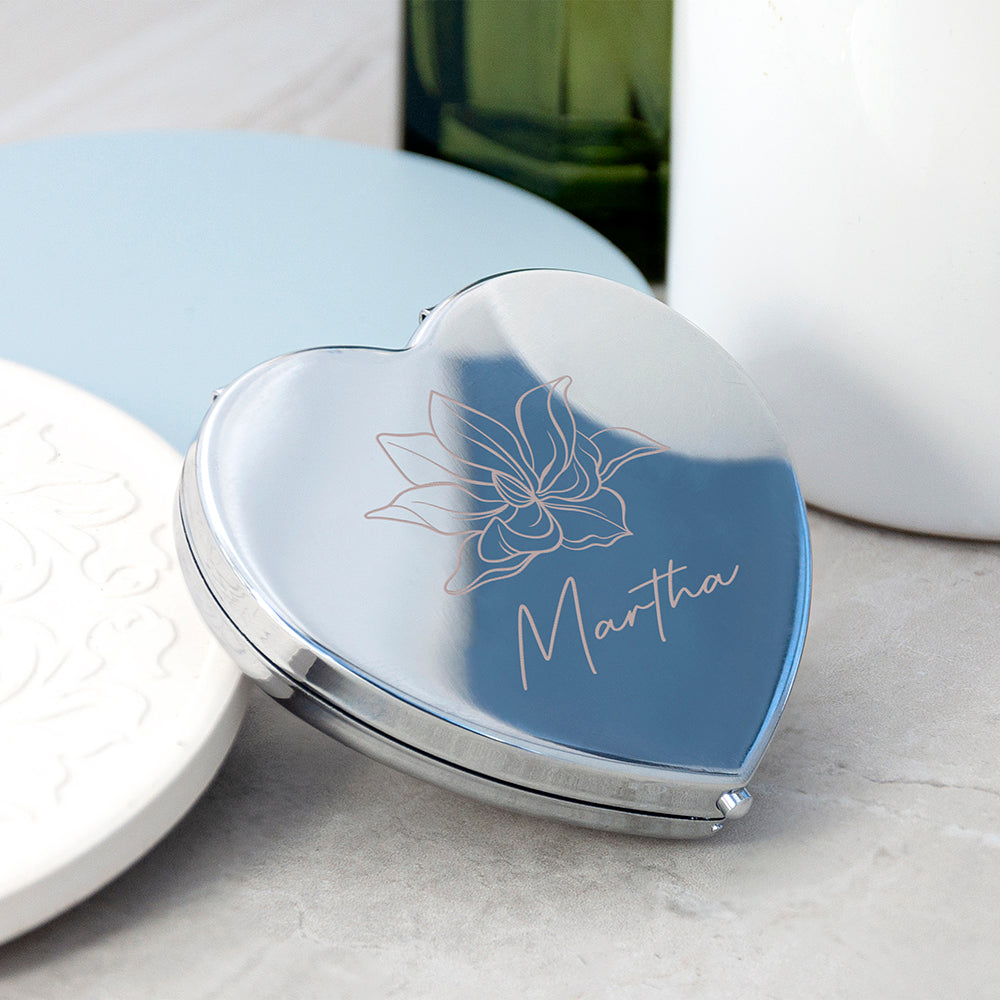 Personalised Personalised Silver Heart Birth Flower Compact Mirror