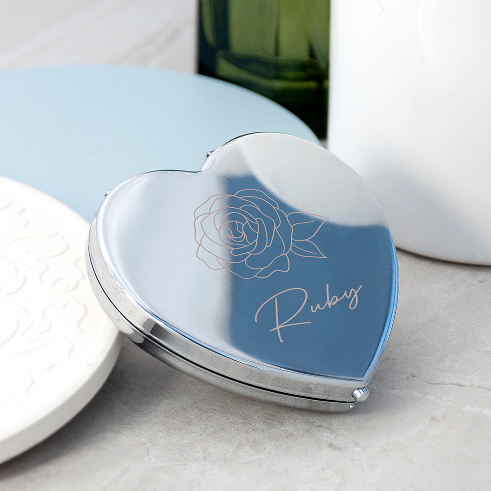 Personalised Personalised Silver Heart Birth Flower Compact Mirror
